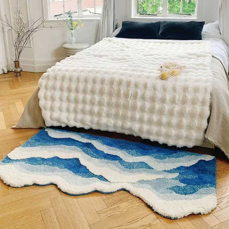 Carpets Aesthetic Wave Rug High-Quality Flocking Antislip Carpet Bathroom Blue Sea Tufted Carpet House Decoration Kid Room Bedside Rug Q240910