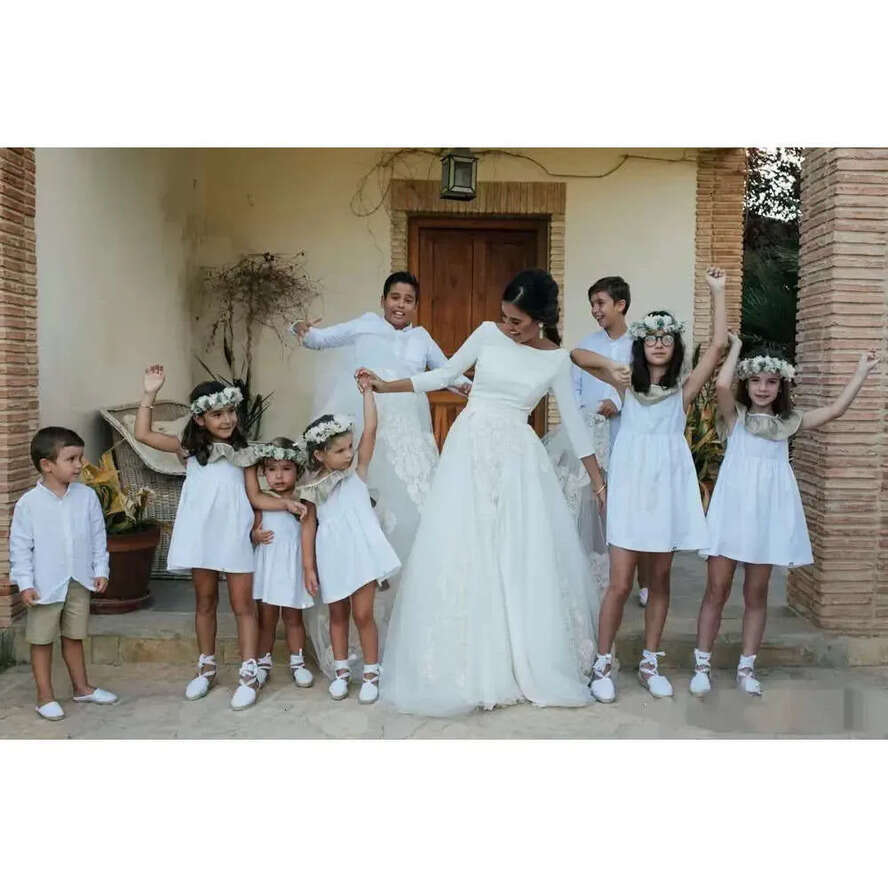 Gown Wdding 3/4 Backlss Drsss Bridal With Long Ss A Lac Appliqu Swp Train Satin Custom Mad Scoop Nck Tull Plus Siz Vstido D Novia ppliqu