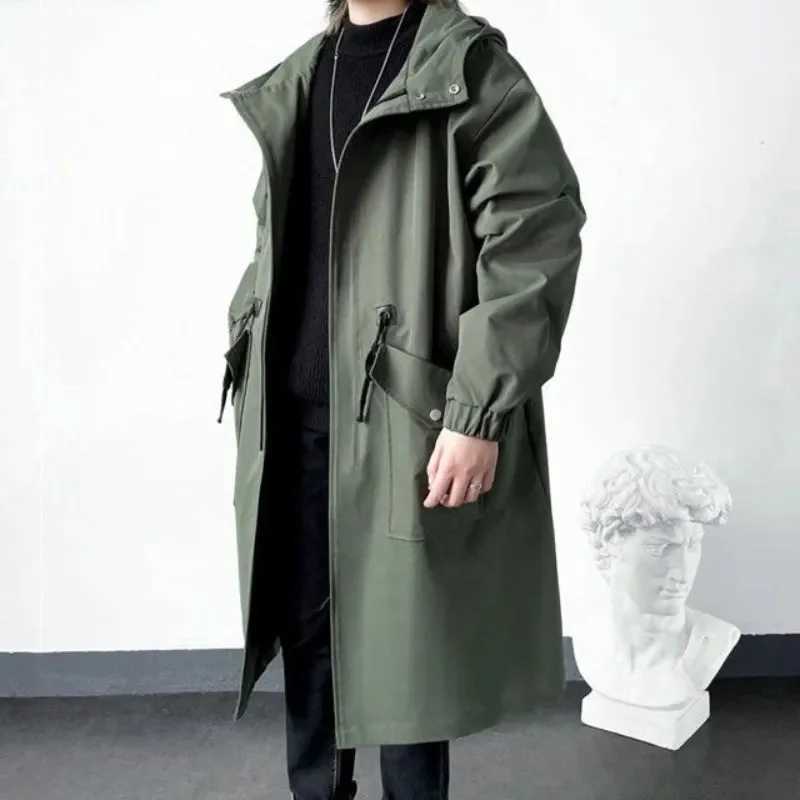 2023 Spring Autumn Army Green Windbreaker Fashion Men Mid-length Casual Hooded Coat Men Daily High Street Overcoat Male Clothes Y240913