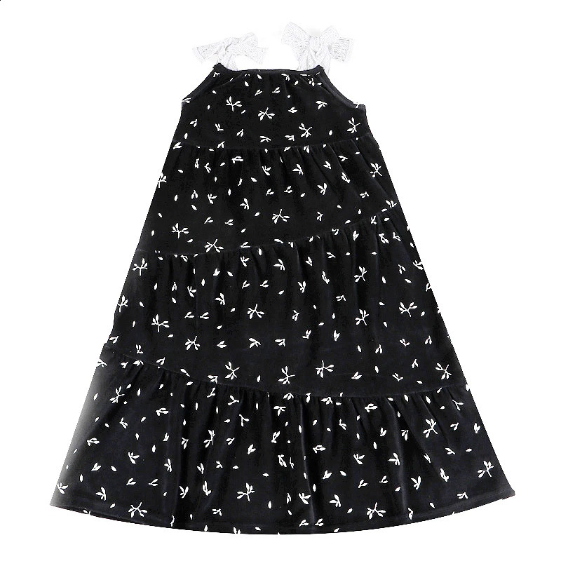 3T-20T Toddler Girls Maxi Dress Girl Lace Tie Shoulder Sleeveless Overall Dress Black Velvet Winter Robe DressSuspender Skirt 240906