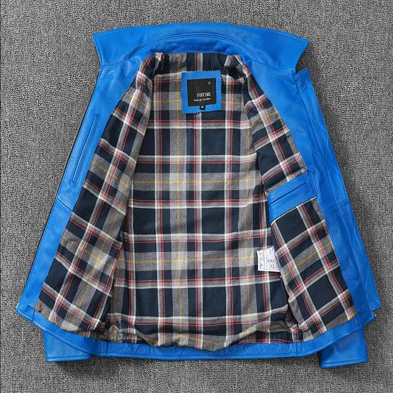 Free shipping.fashion brand men leather jacket.blue slim cowhide leather garments.dropship cheap leather clothes.Plus sizeX240913