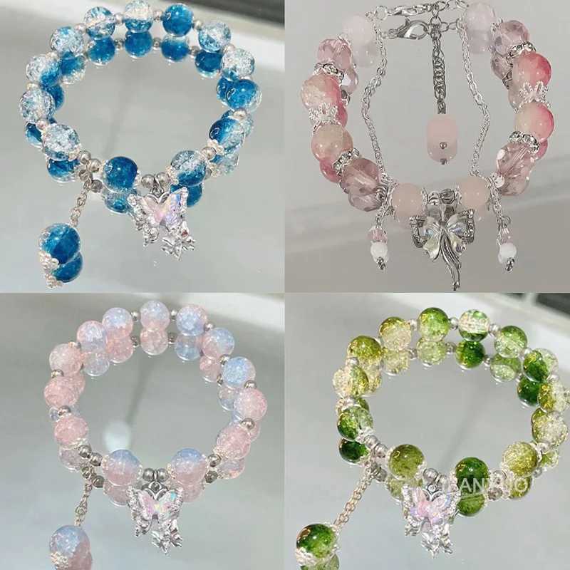 Pink Crystal Flower Butterfly Pendant Bead Bracelet Sweet Cool Bracelet Womens Fashion Decoration Supplies Party Gift Tools W240913