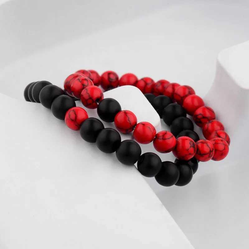 2PCS Couple Long Distance Bracelet Natural Stone Red Black Yin Yang Bead Bracelet W240913