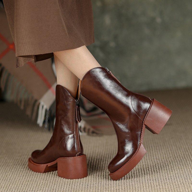 Hot Cow Leather Autumn Winter Round Toe Thick Heel Ankle Boots Fashion ZIP Women Shoes Mid-Calf WESTERN Platform