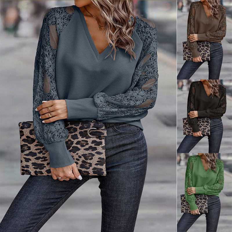 Women's knitted sweater V-neck lace loose casual 2024 autumn and winter new top for women