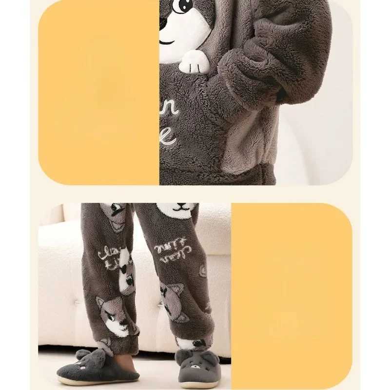 Autumn Winter Homewear Coral Fleece Men Pajamas Thick Fur Flannel Cartoon Male Loungewear Sets Plus-size Loungewear Suit Pyjamas Y240913