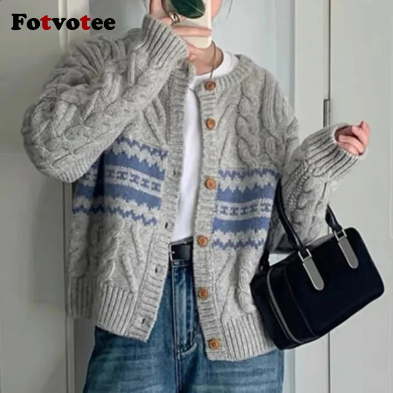FOTVOTEE Sweater for Women Single Breasted ONeck Knitted Coat Autumn Stretch Fashion Long Sleeve Female Cardigans 240904