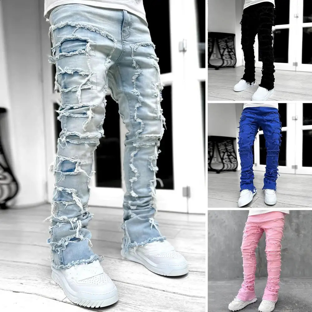 Mens Stacked Jeans Fit Ripped Jeans Destroyed Straight Denims Pants Vintage Hip Hop Trouser Streetwear 240912