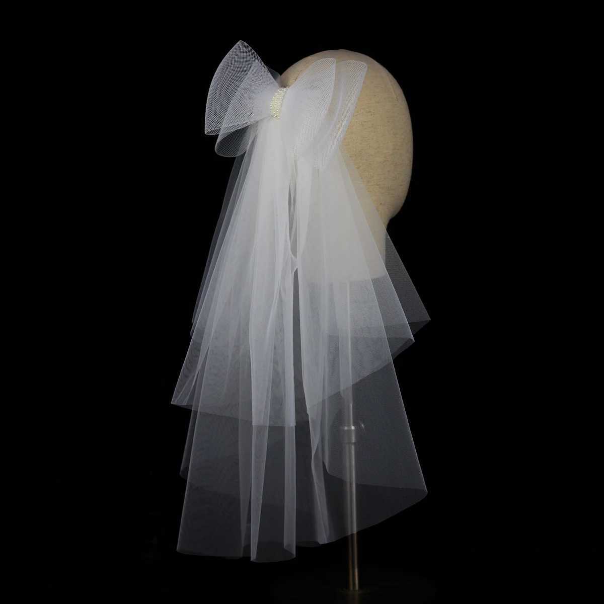 V302 White Bridal Veil Elastic Mesh Pearls Bows Multi-Layer Semi-Transparent Tulle Shoulder Length Brides Veil with Hair CombX240913