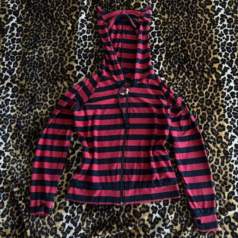 E-girl Gothic Emo Mall Goth Sweatshirts 2000s Retro Y2K Grunge Cyber Scene Striped Zip Up Hoodies Harajuku Jackets Coat Outfits M240912