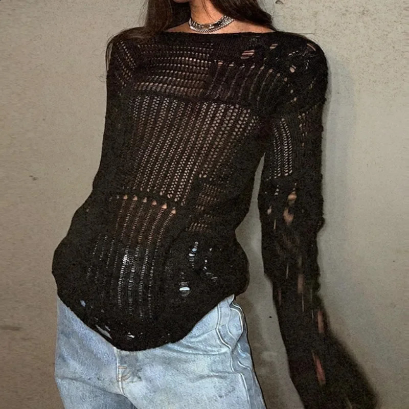 PTKPCC Vintage White Ripped Hole Grunge Sweater Women Casual Loose Jumper Solid Long Pullovers Knitted Hollow Out Holidays 240911