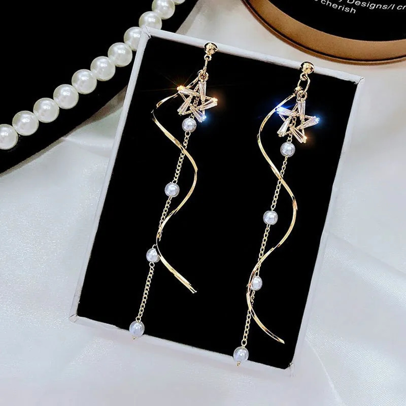 Temperament Crystal Star Tassel Drop Earrings For Women Long Ear Line Bowknot Leaves Girls Wedding Party Jewelry 240906