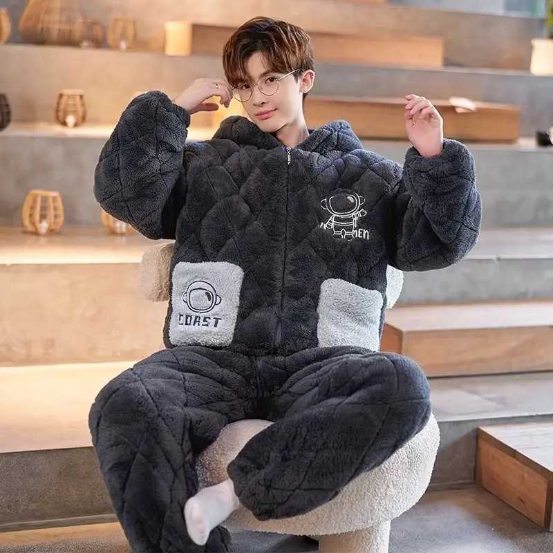 Pajamas Men Homewear Suit Winter Coral Fleece Home Sleep Clothes Thickened Three Layers Cotton Male Teen Plus Loungewear Set Y240913