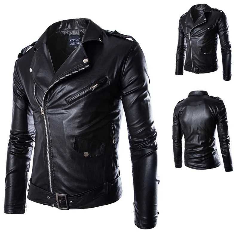 2024 mens motorcycle slim fit leather jacket business punk stand up collar slanted zipper leather jacket leather jacketX240913