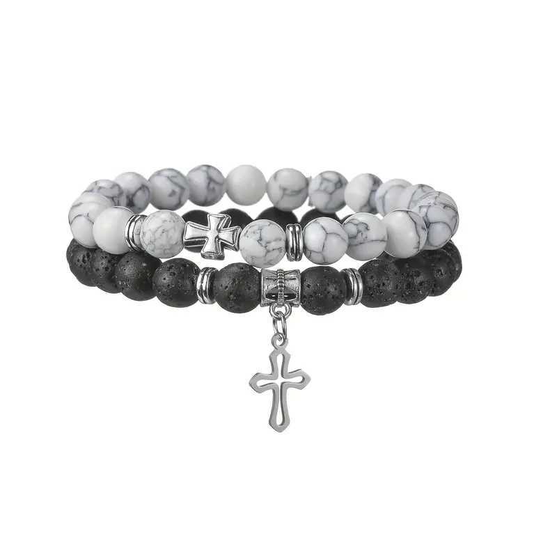 Niche Classic Design White Pine Matte Stone Magnet Love Gossip Cross Astronaut Bead Bracelet Two Piece Set W240913