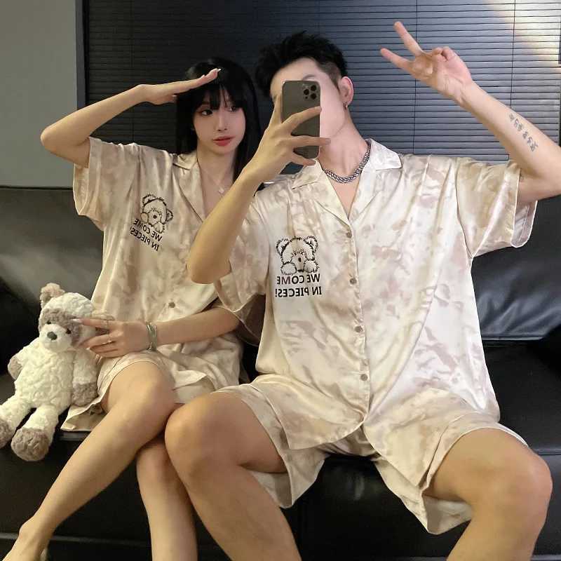 Women Ice Silk Pajamas Set Cartoon Bear Sleepwear Loungewear Button-Down Pajama Men Pijama Homewear Shorts Set for Couples Y240913