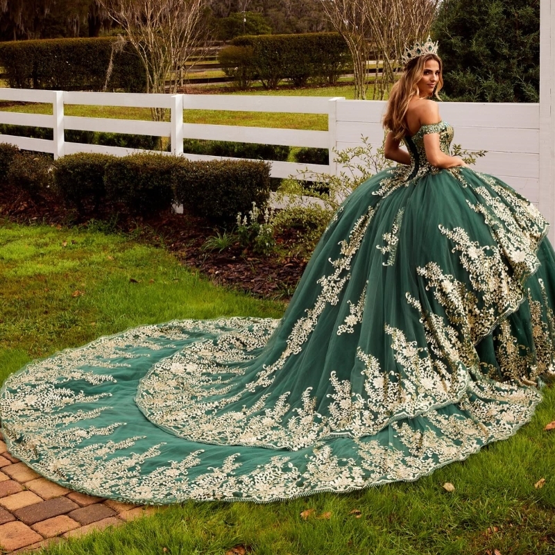 Green Shiny Quinceanera Dresses Ball Gown Sequins Gold Applique Lace Pearls Tull Mexico Corset Sweet 16 Dress Vestidos De 15 Anos