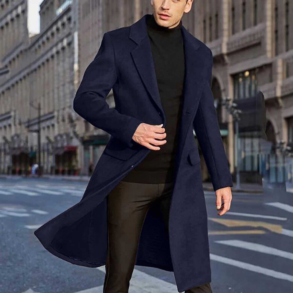 Classic mens reversible woolen casual trench coat for autumn and winter Y240913
