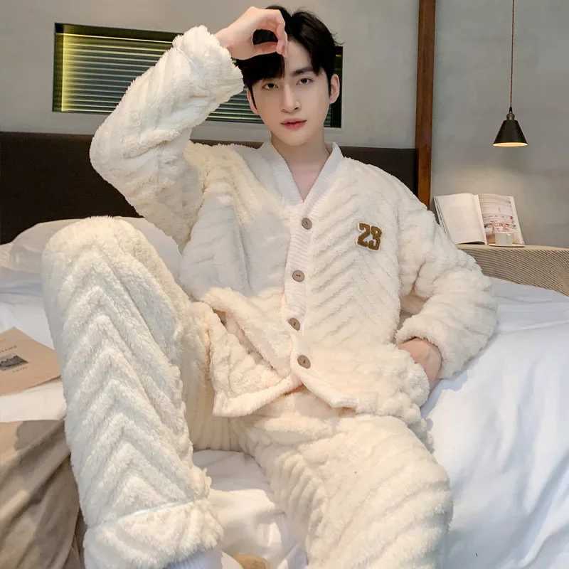 Mens Winter Warm Coral Fleece Pajama Sets Fluffy Coat + Long Pants Male Sleepwear for Sleeping 2 Pieces Home Wear Loungewear Y240913