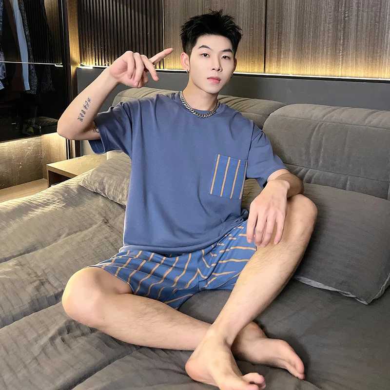 Mens Two-Piece Pajamas Homewear Summer Mens Pajamas Cotton Short-Sleeved Shorts Large Size Teenage Boys Casual Homewear Set Y240913