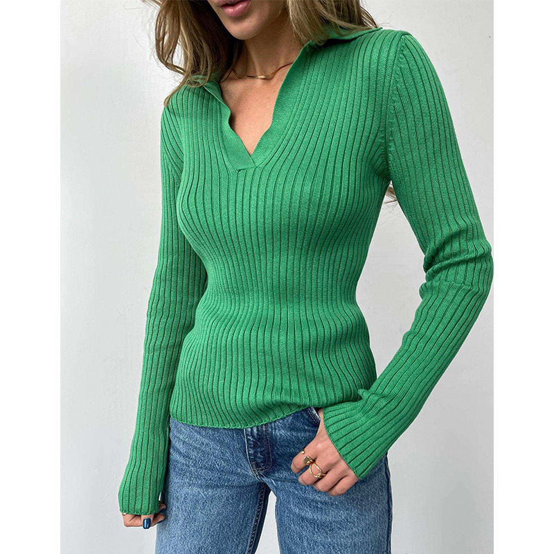 POLO collar knitted 2024 autumn and winter temperament commuting slim fit pit stripe base pullover sweater for women