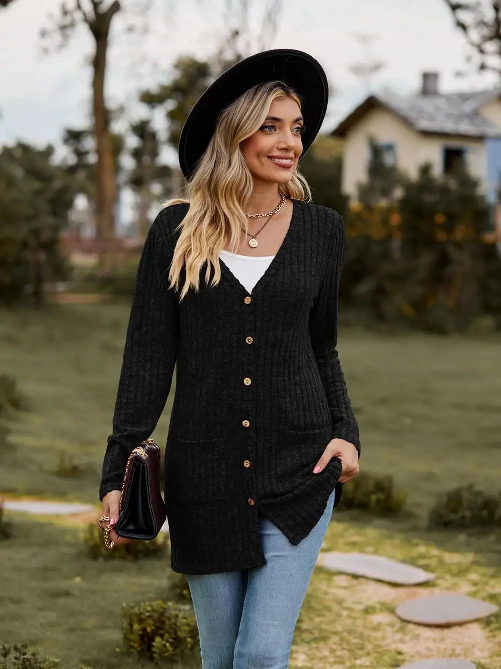 Solid Button Up Pocket Cardigan Casual Long Sleeve Sweater For Spring Fall Womens Clothing 240910
