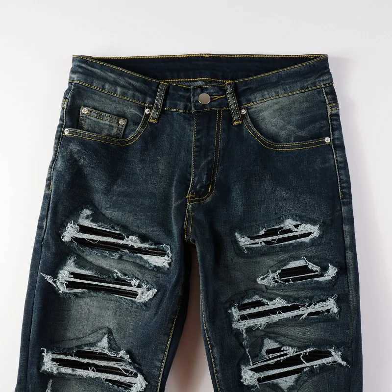 Classic Distressed Blue Holes Leather Ribs Patchwork High Quality Stretch Skinny No Brand Tags Ripped Jeans Men M240912