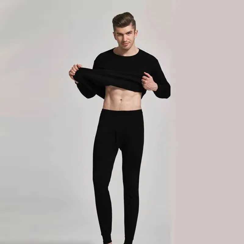 Mens autumn and winter velvet pajama set solid color thermal underwear round neck fleece thick pajama pants Y240913