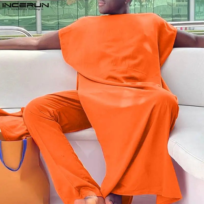 INCERUN Men Sets Muslim Clothing Saudi Arabia Solid O-neck Sleeveless Kaftan Jubba Thobe Pants 2PCS 2024 Islamic Mens Suits 240911