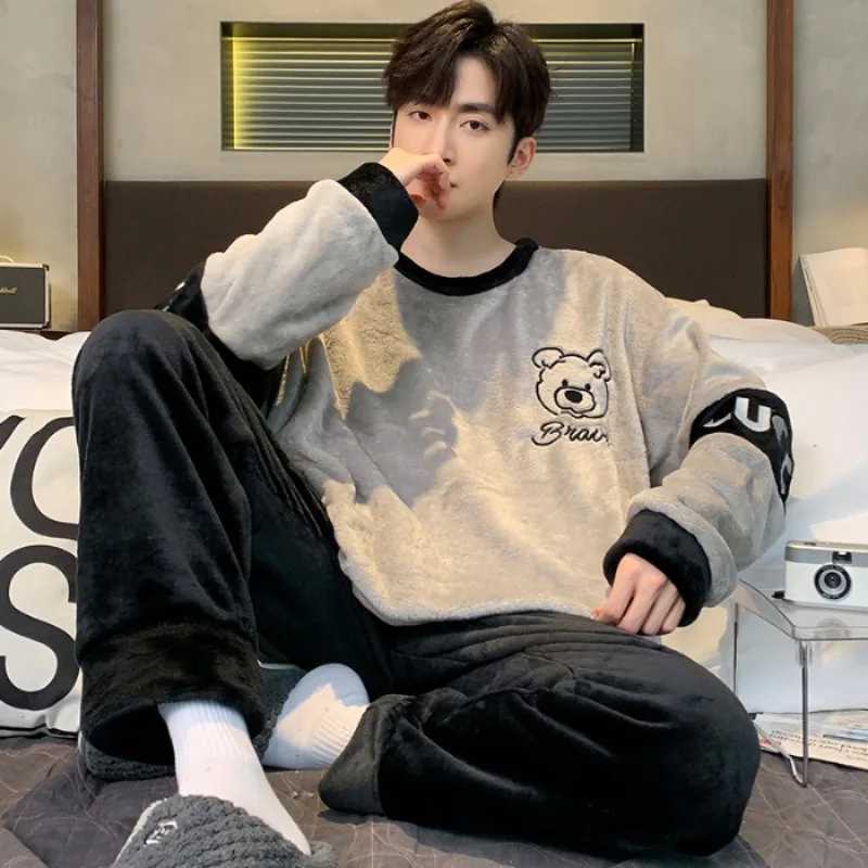 Winter New Thickening Round Neck Long Sleeve 2 Piece Outfit Set Man Flannel Man Clothing Set Advanced Printing Lounge Sets Man Y240913