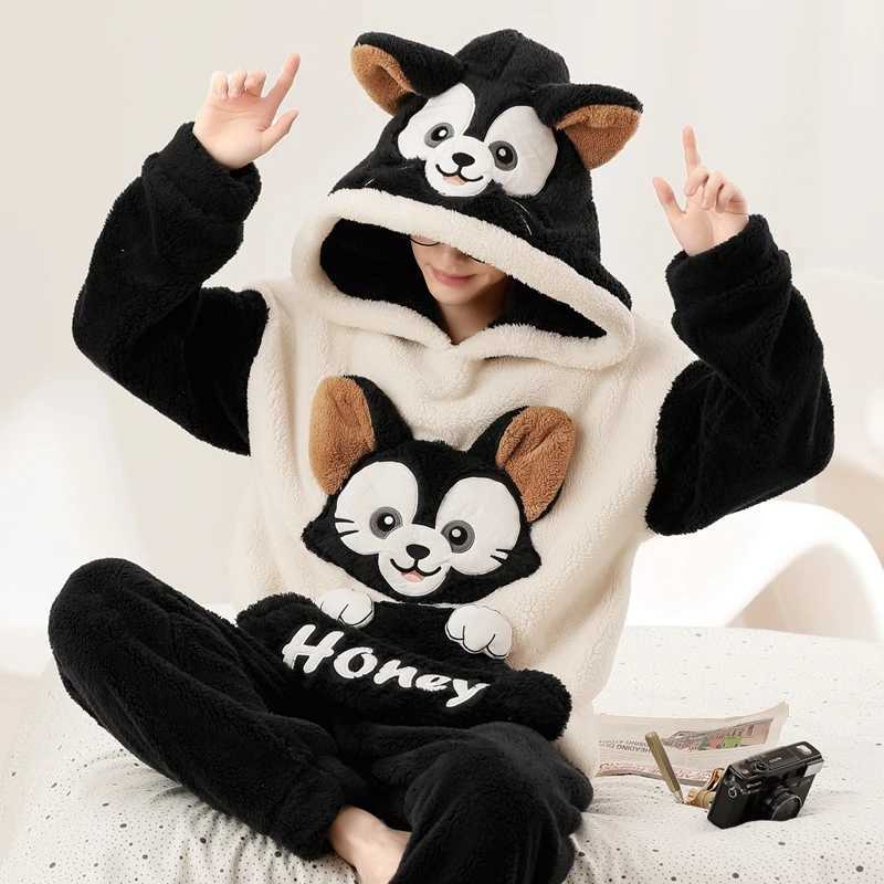 Cute Pajamas For Men Thick Plush Fleece Pajama Sets Winter Coral Velvet Warm Flannel Clothes Home Suit Male Sleepwear Y240913