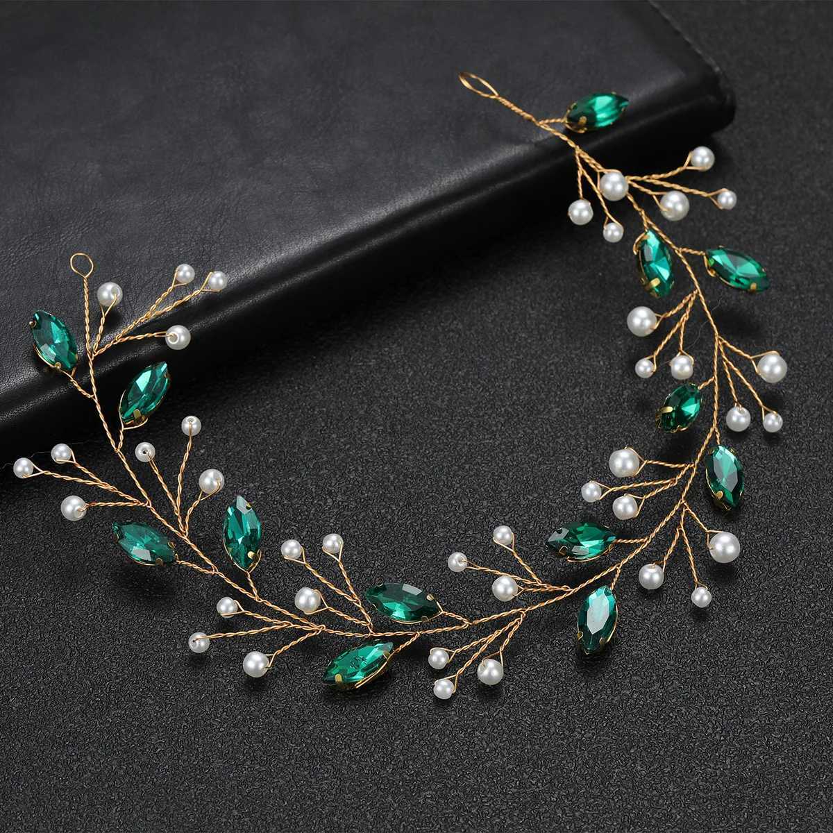 Women Emeralds Rhinestone Crystal Headband Wedding Hair Accessories Luxurious Pearl Bride Headwear Jewelry VineX240913