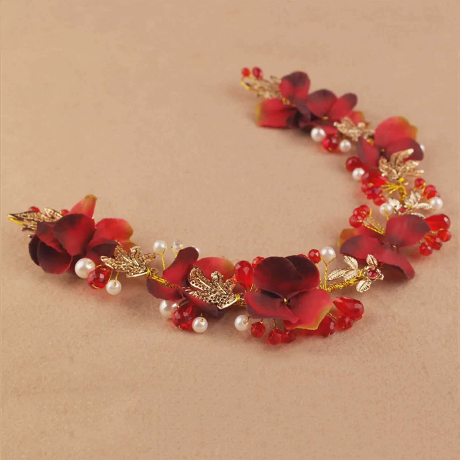 Artificial Flower Hairband Wedding Tiaras For Women Red Floral Pearl Headband Elegant Girls Hair Hoop Bridal Headwear JewelryX240913