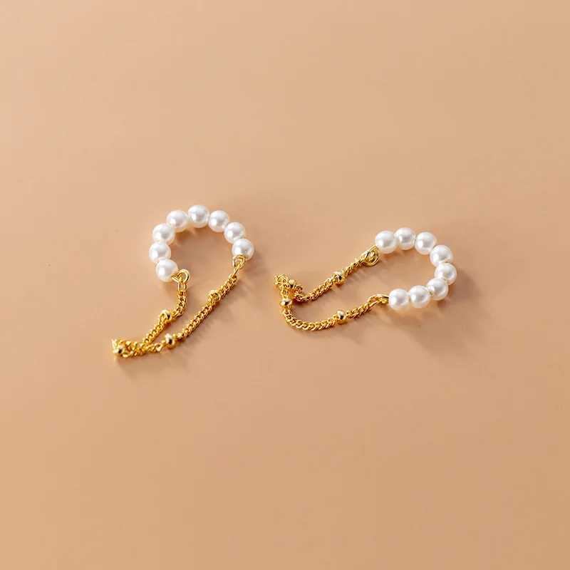 WANTME 925 Sterling Silver Fashion Unique Pearl Chain Ear Clip On Earrings for Women Hip Hop Without Piercing Jewelry Ear CuffX240913