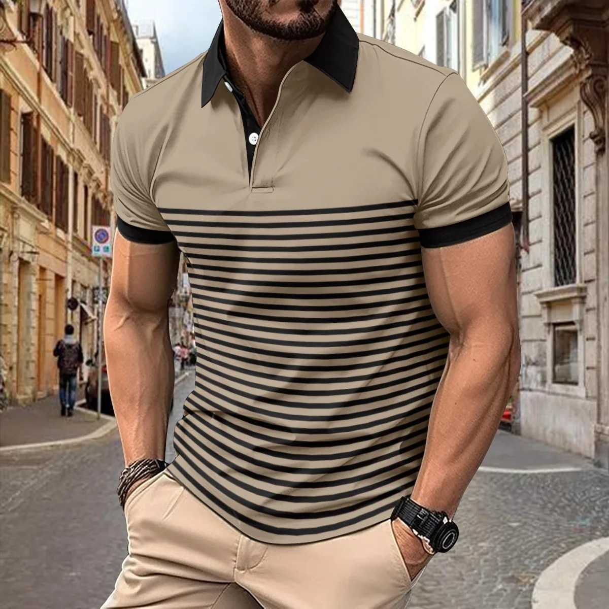 Mens polo shirt Spring and Autumn mens long sleeved lapel button pocket top sports polo shirt loose fit W240913