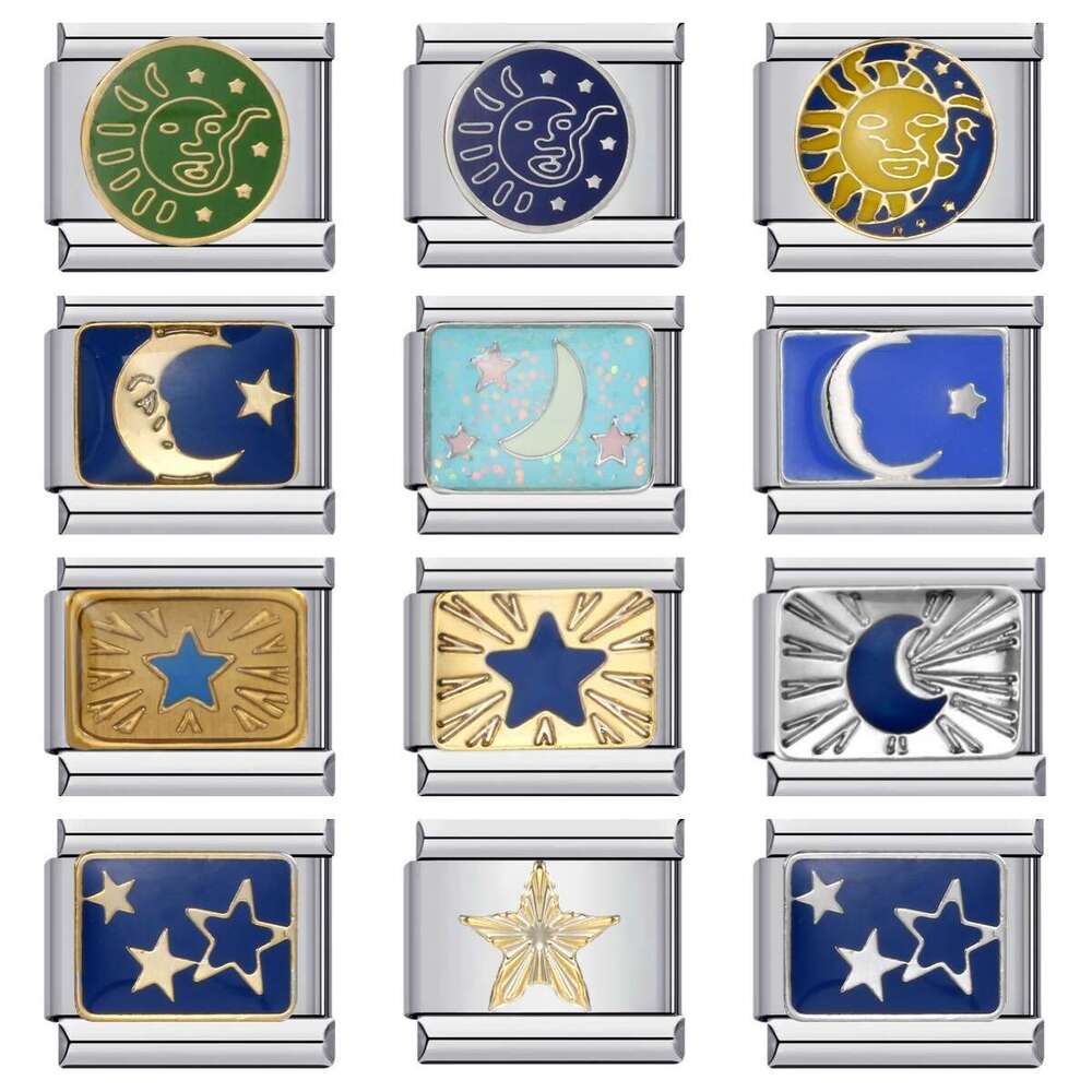 Starry Universe Series Titanium Welded Pattern Bead Italian Charm Bracelet Links Stainless Steel Fit 9Mm Jewelry DIY Making Gifts