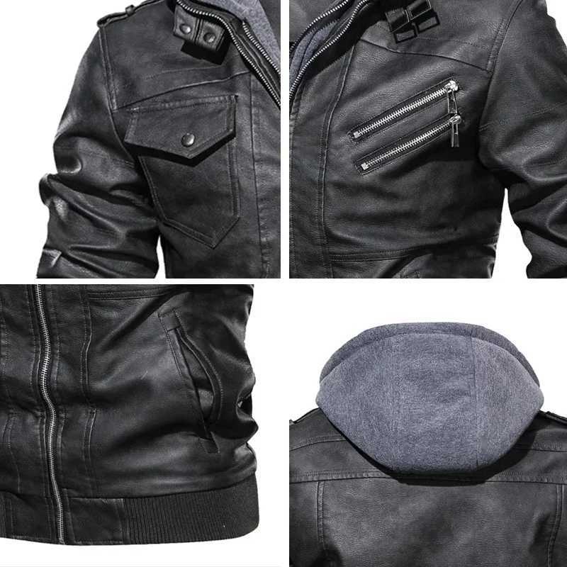 Hood Crew Mens Casual Stand Collar PU Faux Leather Zip-Up Motorcycle Bomber JacketX240913