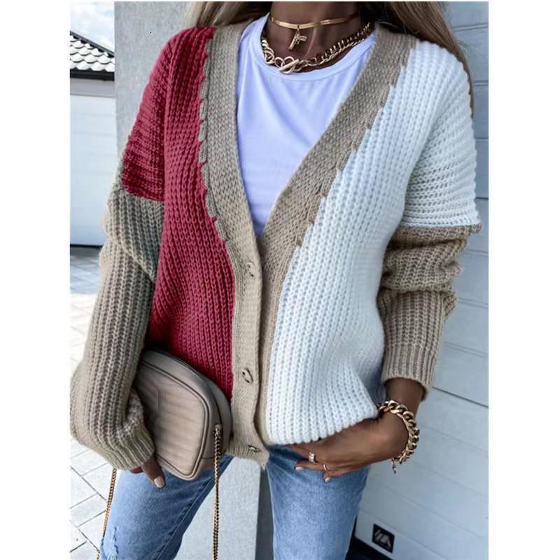 Women's clothing 2024 autumn and winter new collection spliced personalized fashion V-neck knitted sweater cardigan trend