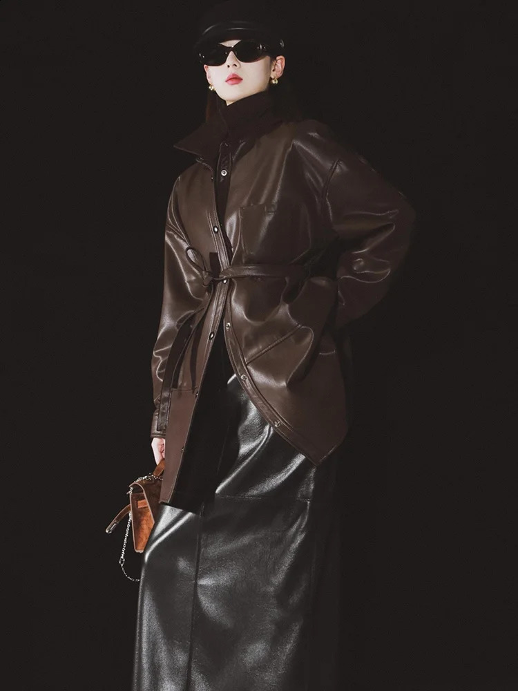 Retro leather jacket womens mid length y autumn 240906