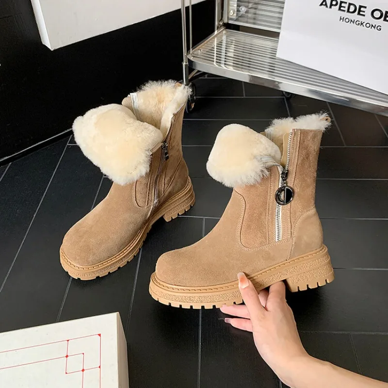 Winter Sheepskin Wool Integrated Warm Black Brown Plush Cold Resistant Thick Soled Snow Boots Women's Cotton Shoes