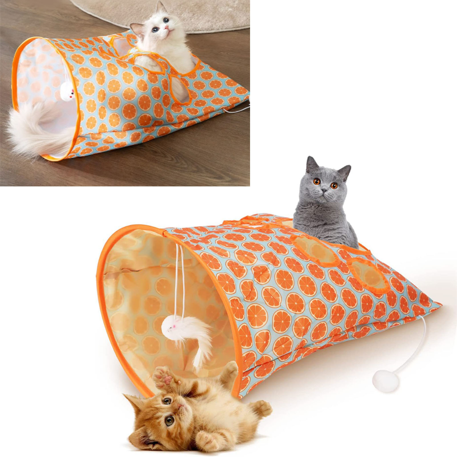 Cat Tunnel Bag Foldable Interactive 5 Holes Crinkle Sounds Tunnel Pet Drill Bucket With Plush Balls For Cats Kittens
