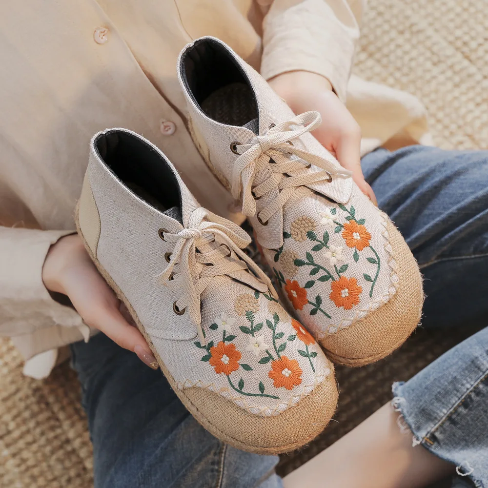Handmade Women Vintage Embroidered Flats Booties Shoes High Top Lace Up Canvas Sneakers en Casual Leisure Espadrilles 0521