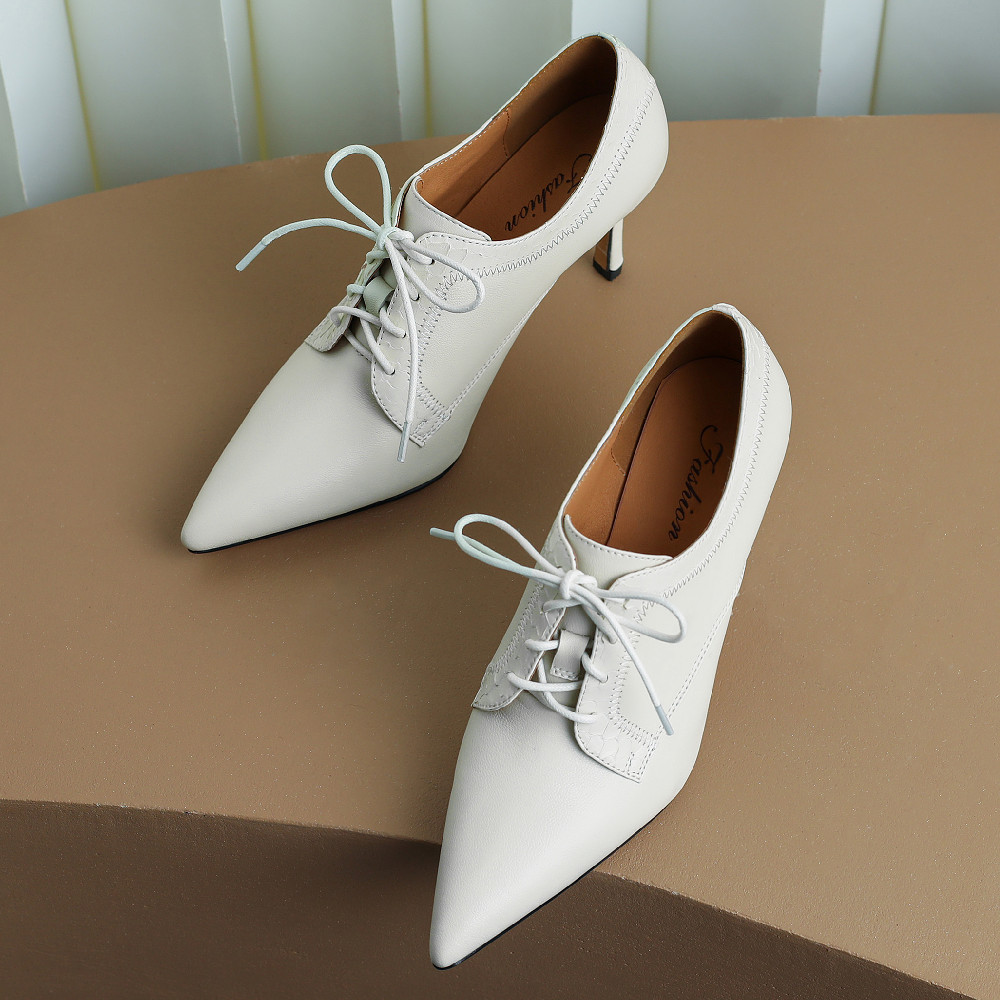 genuine Women's leather thin high heel pointed toe lace-up elegant ladies slim autumn OL style heeled dress pumps shoes ca62 ed