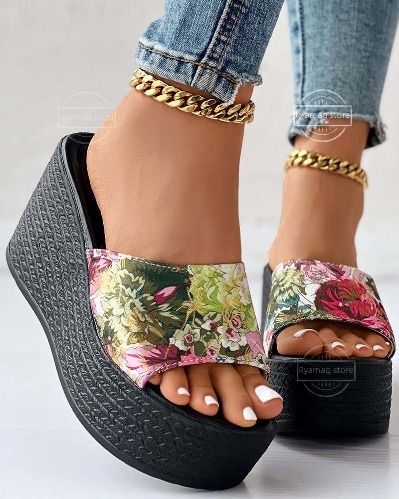 Sandals for Women Floral Print Peep Toe Platform Wedge Sandals Slip on Cool Slippers Soft Soled Non Slip Flat Beach Dark Heeled
