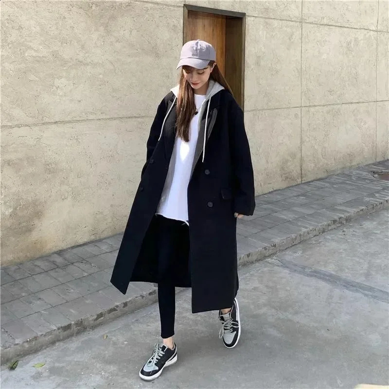 Twopiece Illusion Woolen Jacket Womens Winter Korean Style Loosefit Mediumlength Hooded Thickened Overcoat Clothing 240905