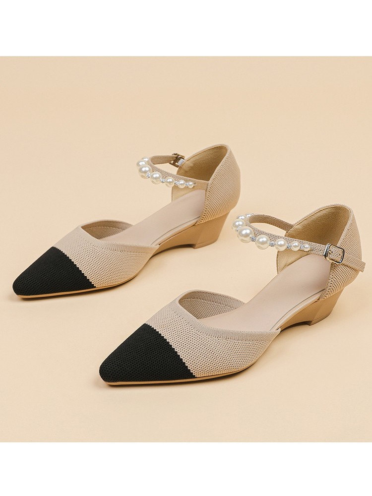 Fashionable Sexy Pointed Shallow Mouthed Women's Sandals Solid Color Pearl Wedge Heels Comfortable Versatile Low Heel Shoes