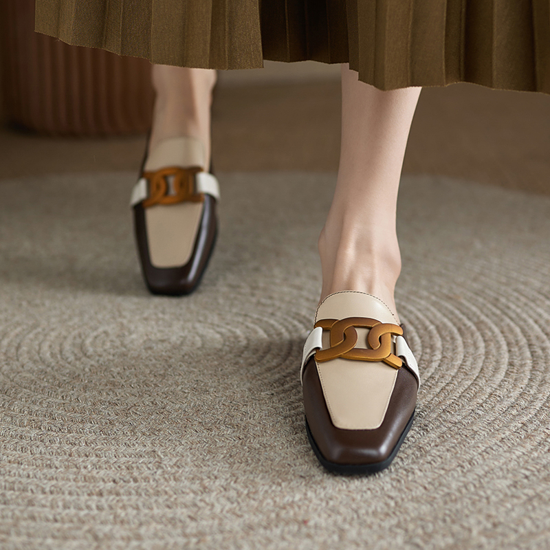 New Spring/Summer Women Shoes Square Toe Pumps Women Solid Cow Leather Low Heel Mules Metal Button Slipper for Women Mules