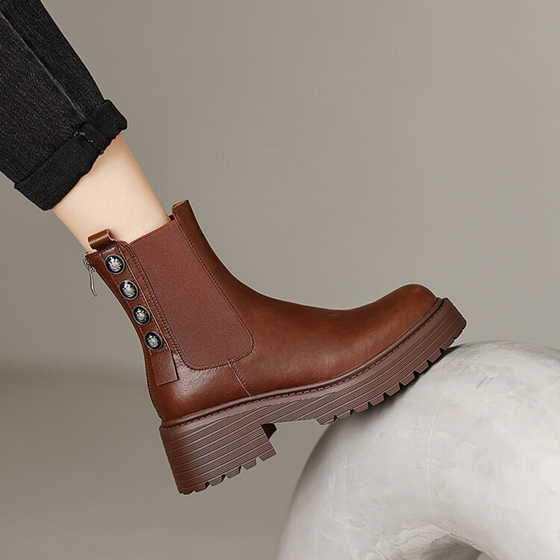 Fall NEW Shoes Split Leather Round Toe Chunky Heel Casual Solid Platform Boots for Women botas de mujer 45b8