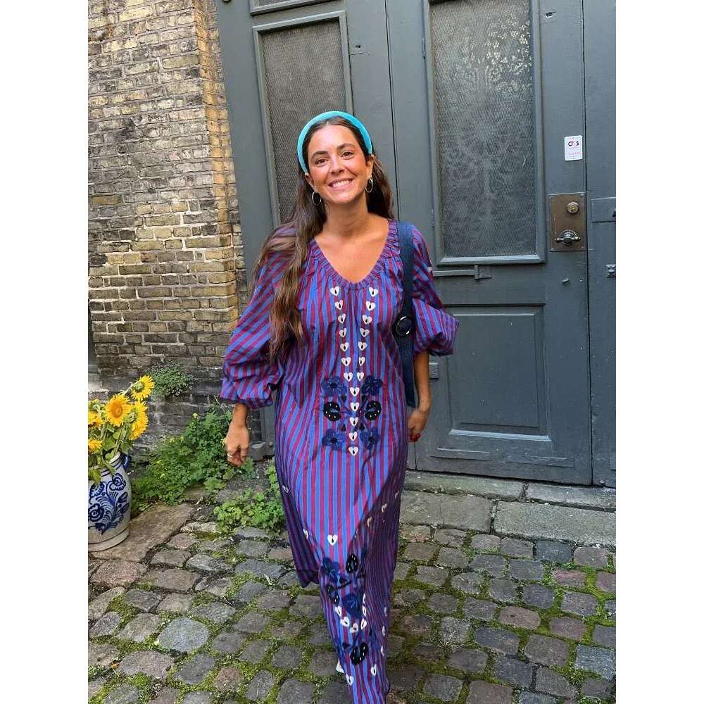 Vintage Printed Striped Color Blocked Long Dresses Women Casual V-Neck Puff Sleeve Loose Dress 2024 Autumn Lady High Streetwear