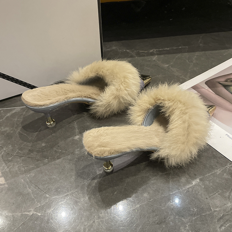 High Heel Shoes Fur Slippers Women Mules Pointed Toe Furry Slides Fashion Elegant Designer Flip ps Office Pumps 0f4a